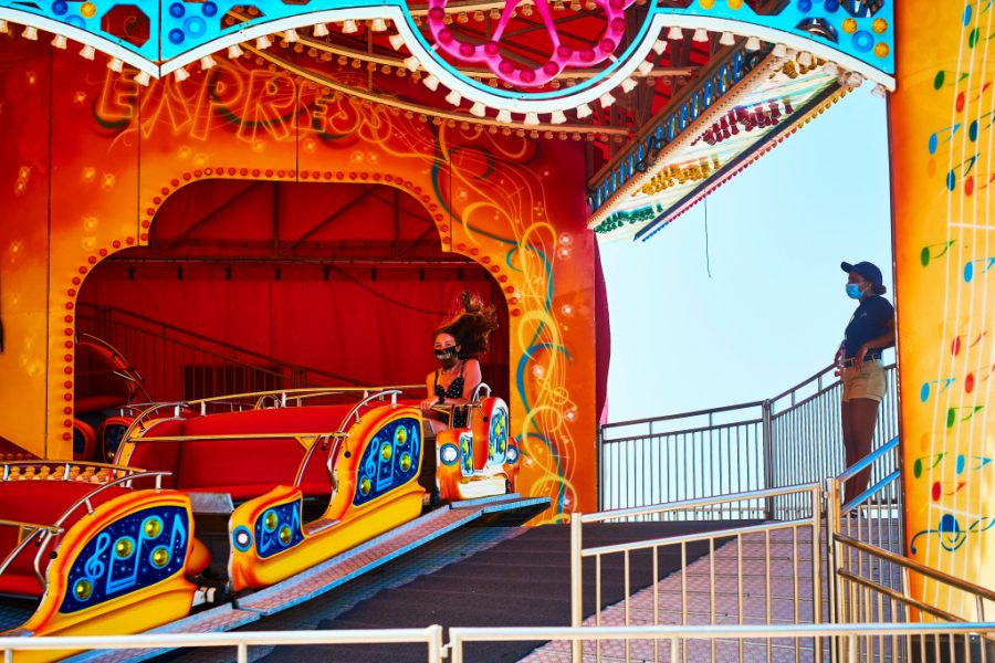 A lone rider on the Musik Express attraction in Seaside Heights, N.J., on July 2, 2020.