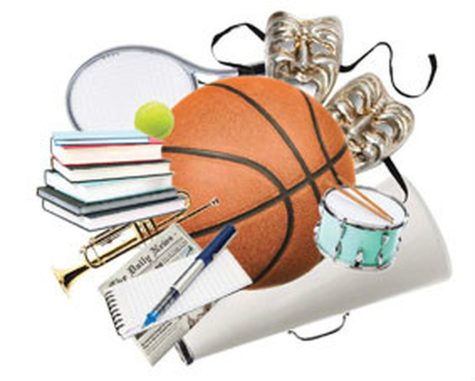 A collage of items that are commonly associated with high school extracurricular activities are surrounding objects used to play sports like a basketball and a racket.
