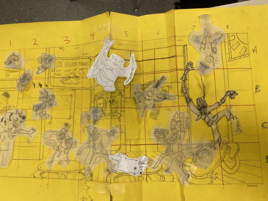 After drawing on the stencil paper, a blueprint of the mural is created on a piece of paper before putting it on the mural paper that will go on the wall. They use a gridding technique to make everything symmetrical. The students also call this a “quarter inch scale model.” 