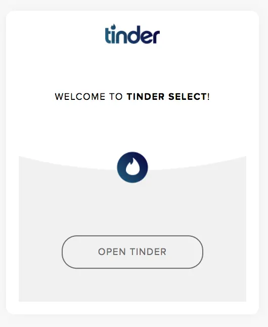 The Tinder Select Welcome Page. 