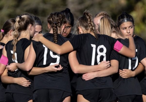 The Hunterdon Central Girls Soccer team in a group huddle. From the Instagram account: hcladydevils.