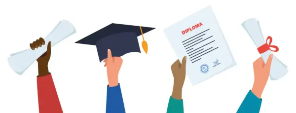 (L-R) Hand holding diploma, hand holding graduation cap, hand holding diploma, hand holding diploma